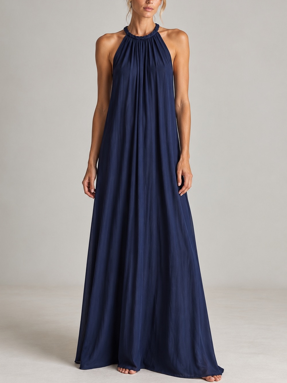 Navy Silk-Like A-line Halter Belted Maxi Dress - Picture 3 of 7